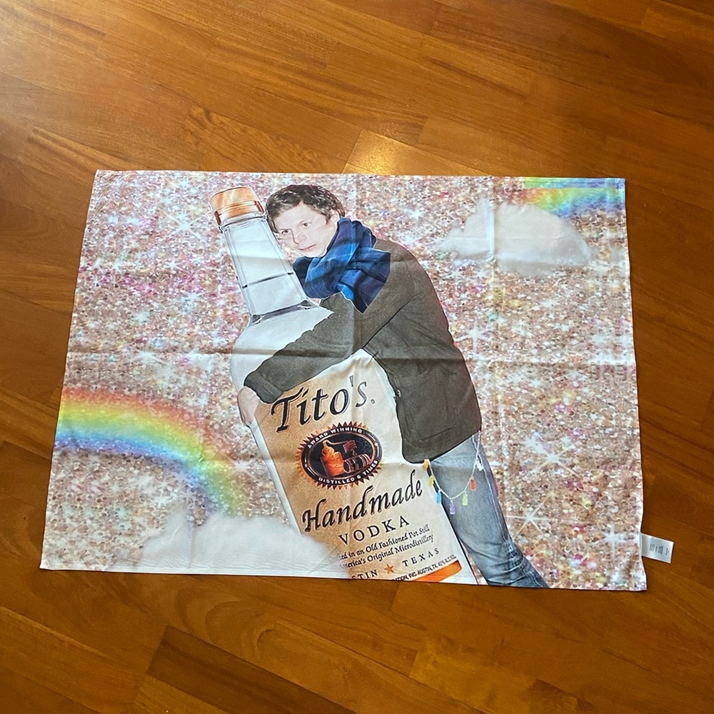 Michael Cera Tito's vodka glitter rainbow flag tapestry 36x26 inches